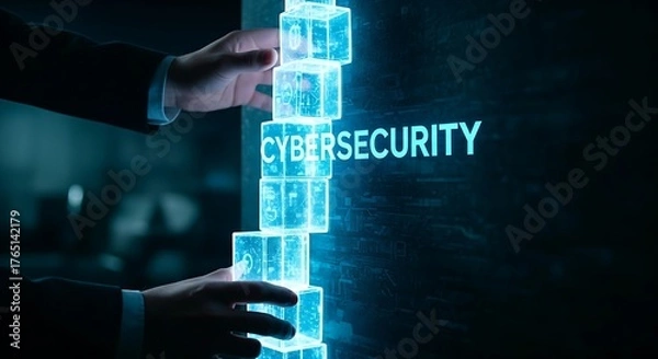 Fototapeta Building a cybersecurity wall. An IT architect's hands assemble glowing light blocks to build a tall, impenetrable digital wall labeled "CYBERSECURITY."