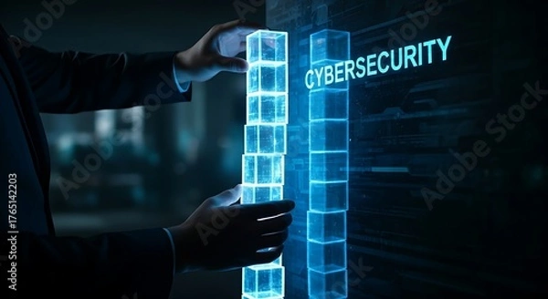 Fototapeta Building a cybersecurity wall. An IT architect's hands assemble glowing light blocks to build a tall, impenetrable digital wall labeled "CYBERSECURITY."