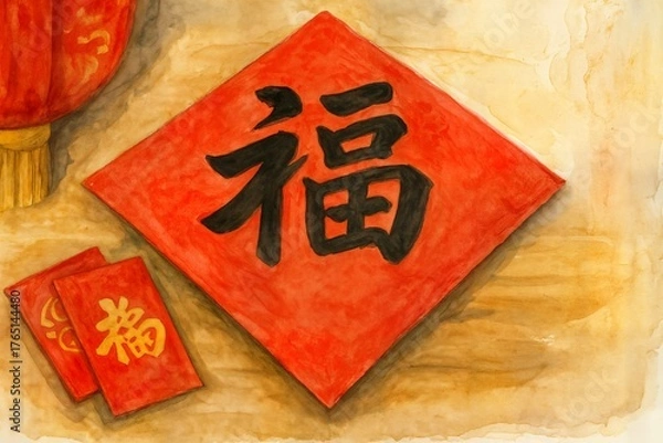 Obraz Chinese New Year Festival Decorations and Food in Watercolor Style