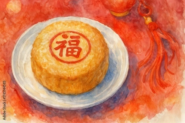 Obraz Chinese New Year Festival Decorations and Food in Watercolor Style