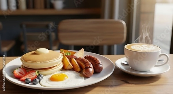 Obraz Cozy Cafe Breakfast with Pancakes, Coffee, and Fresh Fruits