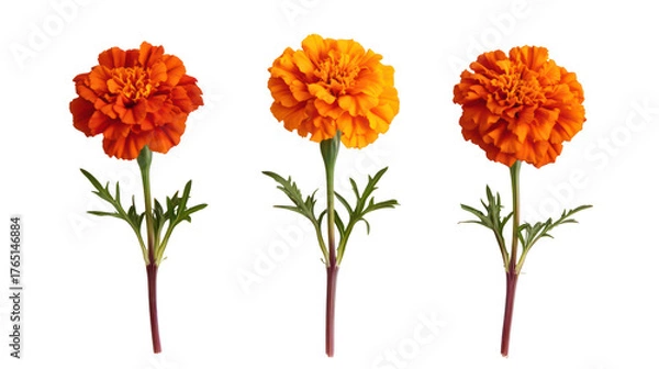 Obraz Three vibrant orange marigold flowers isolated on transparent background