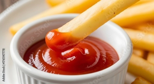 Fototapeta A close-up of a French fry being dipped into a bowl of ketchup, with a plate of fries in the background.