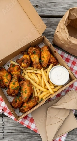 Fototapeta A cardboard box containing a variety of fried chicken wings, french fries, and a side of ranch dressing on a checkered tablecloth on a wooden table.