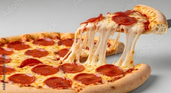 Fototapeta A slice of pepperoni pizza with melted cheese stretching out from the crust, held by a spatula, against a white background.