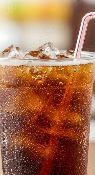 Fototapeta A close-up of a clear plastic cup filled with a dark liquid, possibly soda or cola, with ice cubes and a straw. The background is blurred, focusing attention on the cup.