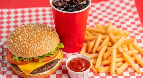 Fototapeta A cheeseburger with lettuce and tomato, a side of french fries, and a red cup of soda on a red and white checkered tablecloth.