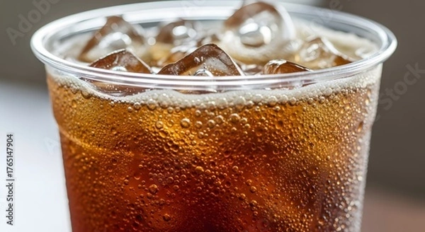 Fototapeta A plastic cup filled with cola soda, ice cubes, and bubbles, placed on a table with a blurred background.