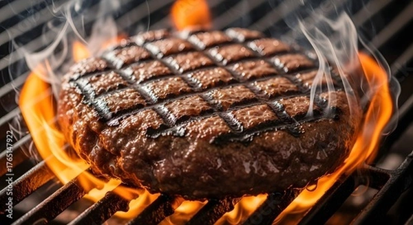 Fototapeta A grilled burger on a flaming grill with smoke rising, placed on a black metal grate with flames and smoke in the foreground.