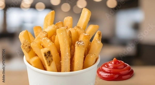 Fototapeta A pile of golden-brown french fries with salt and ketchup, placed in a white paper cup on a wooden table with a blurred background of a restaurant interior.
