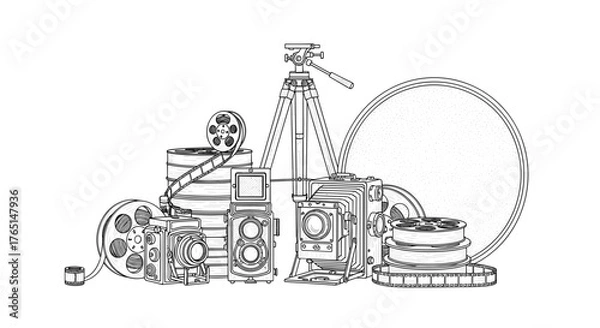 Fototapeta Vector art of vintage camera equipment in detailed line art