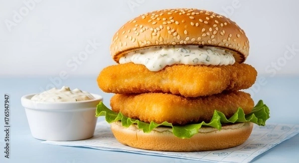 Fototapeta A large, golden-brown fish burger with lettuce and a side of tartar sauce on a sesame seed bun, placed on a blue napkin with a white background.