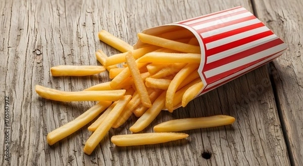 Fototapeta A wooden table with a red and white striped paper bag containing french fries spilling out onto the table.