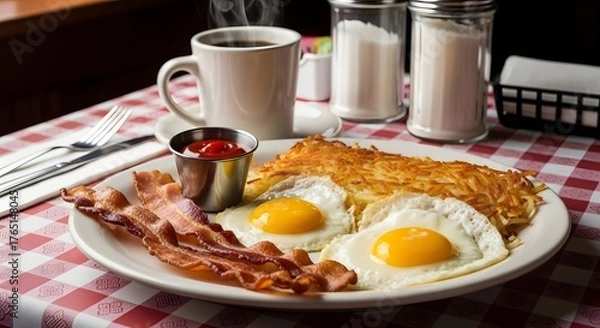 Fototapeta A breakfast meal consisting of eggs, hash browns, bacon, and ketchup on a white plate with a red and white checkered tablecloth.