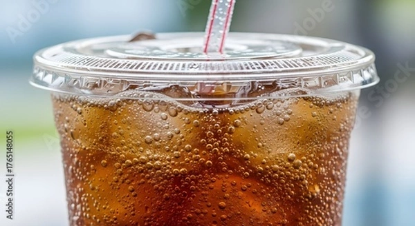 Fototapeta A plastic cup filled with cola soda, ice, and a straw, placed on a white surface with a blurred background.