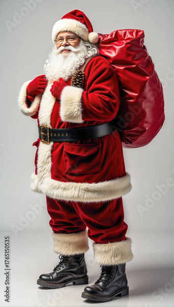Fototapeta Joyful Santa Claus with gift bag, classic red suit and white beard, festive Christmas portrait full of holiday warmth and cheerful spirit