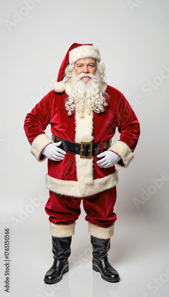 Fototapeta Joyful Santa Claus with gift bag, classic red suit and white beard, festive Christmas portrait full of holiday warmth and cheerful spirit
