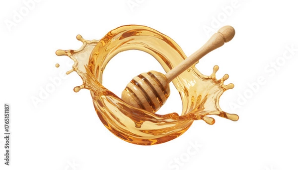 Fototapeta Splash of Honey with Wooden Spoon in Center Creating Circular Motion Isolated on White Background