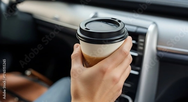 Obraz Takeaway Coffee Cups in Car Interior – Realistic Lifestyle Morning Scene