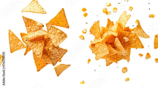 Obraz Two piles of crispy tortilla chips flying isolated on transparent background