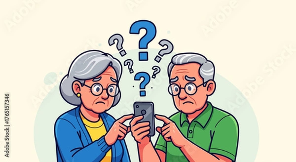 Fototapeta Elderly couple struggling with technology use concept, senior digital literacy