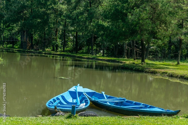 Obraz a small blue boat resting on the grassy bank of a lake. In the background, there is a dense forest of tall, green trees. The water reflects the surrounding trees and the sky.