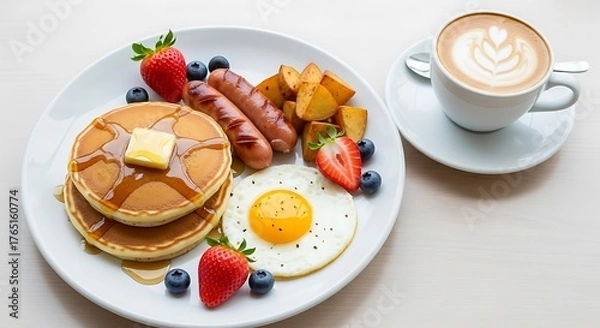 Obraz Delicious Pancake Breakfast with Coffee and Fresh Berries