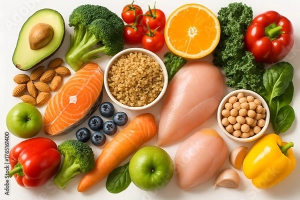 Fototapeta Colorful Healthy Food Spread Featuring Salmon, Chicken, Quinoa, Avocado, Greens, And Fresh Fruits For Nutrition And Wellness