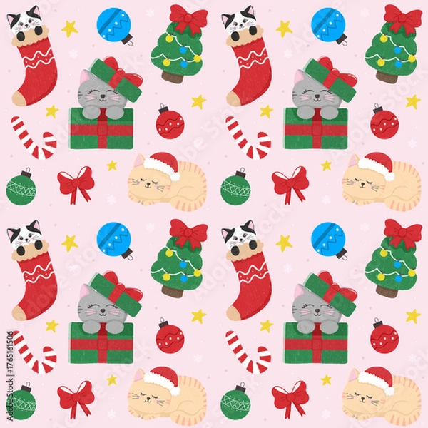 Obraz Cute Christmas Cats and Holiday Elements Seamless pattern Design