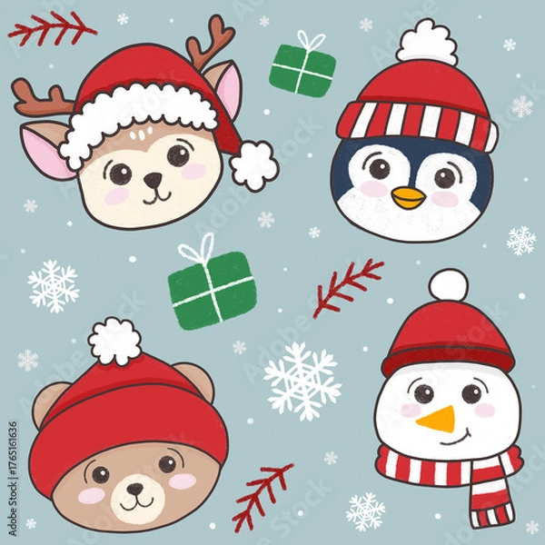 Obraz Adorable winter friends christmas seamless pattern with reindeer penguins bears and snowmen