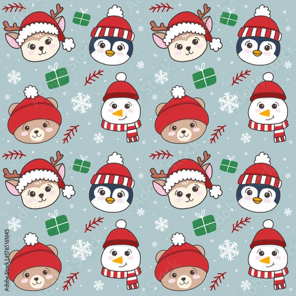 Obraz Adorable winter friends christmas seamless pattern with reindeer penguins bears and snowmen