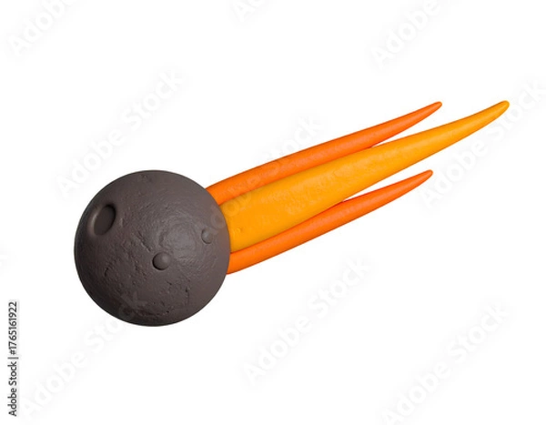 Fototapeta Stylized 3D rendering of a textured comet or asteroid with an orange and yellow tail, isolated on a black background, representing cosmic travel or impact.