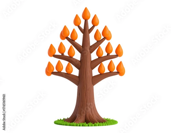 Fototapeta Claymation Autumn Tree with Orange Teardrop Leaves and Green Grass on Black Background