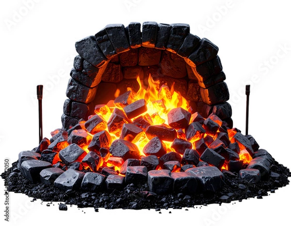 Fototapeta Traditional Blacksmith's Forge with Glowing Embers and Flames in Stone Arch