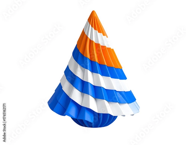 Fototapeta Festive orange, white, and blue striped layered cone party hat, 3D render isolated on black background.