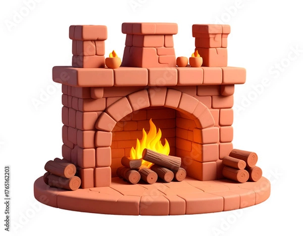 Fototapeta 3D Render of a Cartoon Brick Fireplace with Warm Burning Fire, Wood Logs, and Mantelpiece Candles, Isolated on Black