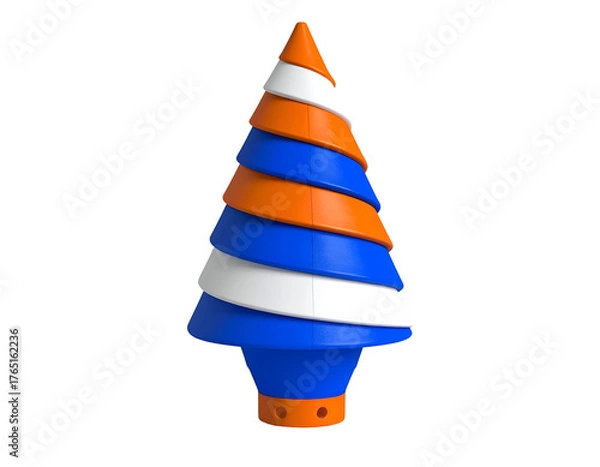 Fototapeta Abstract Christmas tree made from stacked orange, white, and blue conical sections on a black background.
