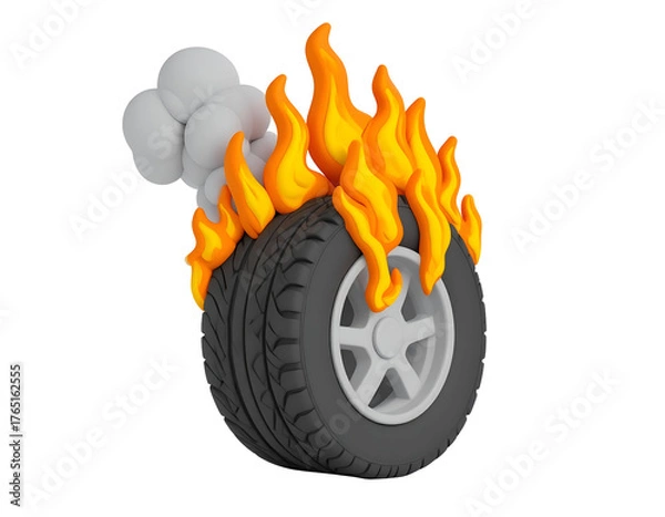 Fototapeta 3D rendered illustration of a car tire engulfed in flames and smoke, isolated on a black background, representing vehicle trouble.
