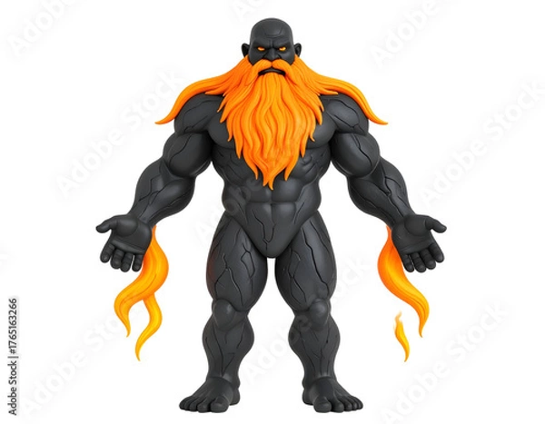 Fototapeta Dark fantasy creature with powerful muscular body, vibrant orange fiery beard, and glowing eyes against a black background.