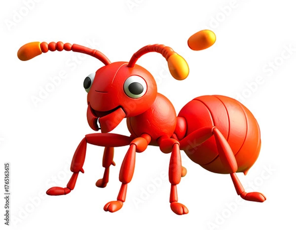 Fototapeta Friendly Red Cartoon Ant with Big Eyes, Stylized 3D Rendered Insect Character on Black Background