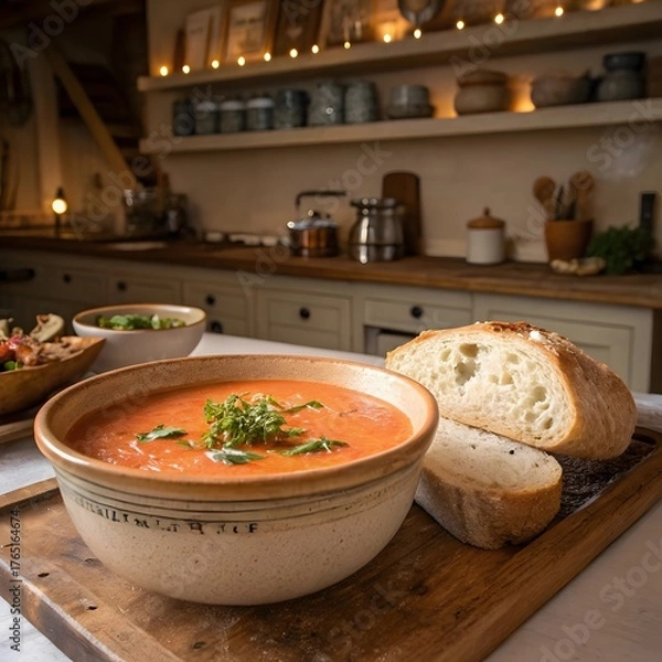 Fototapeta Close up of tomato soup and bread on a wooden tray