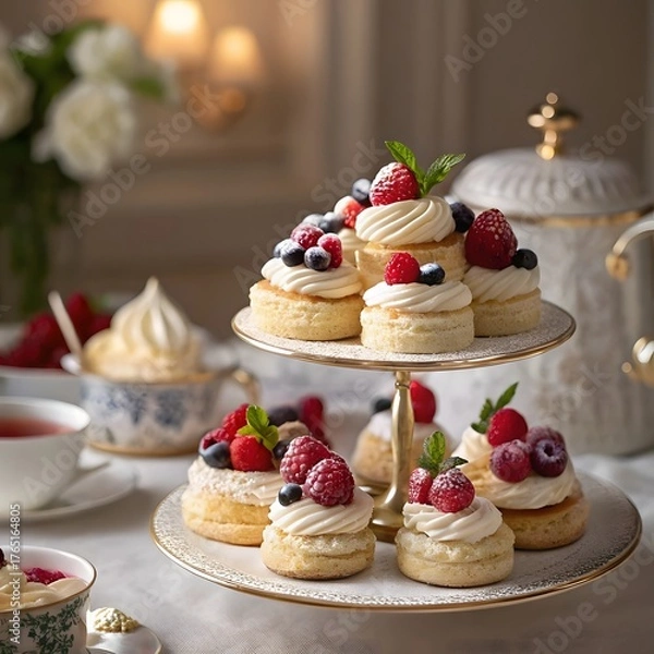 Fototapeta Delicate pastries arranged on a tiered tray with fresh berries