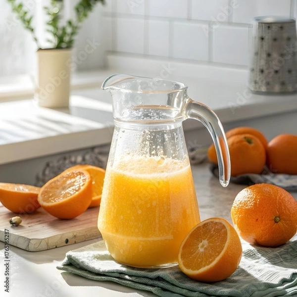 Fototapeta Freshly Squeezed Orange Juice in a Glass Pitcher