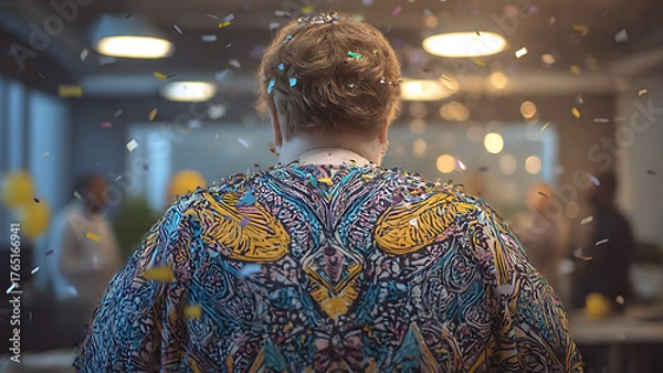 Obraz A person is celebrating with confetti in an office setting, surrounded by colleagues