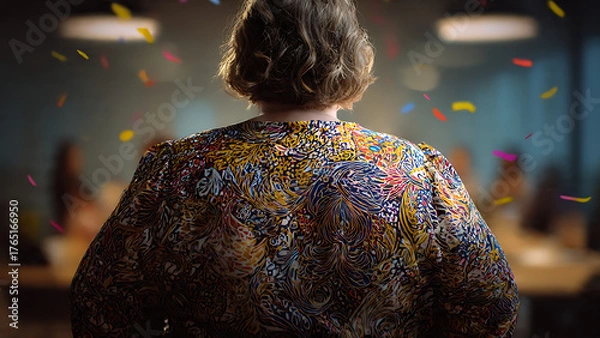 Obraz A woman stands confidently, viewed from the back, adorned in a vibrant patterned jacket amid a festive confetti shower