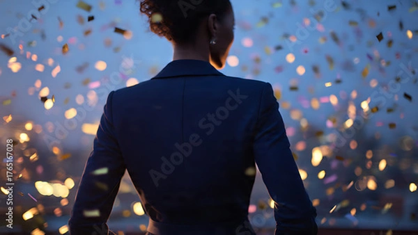 Obraz An elegant woman stands with her back turned, amidst a confetti shower, conveying celebration and achievement. The city lights twinkle in the background.