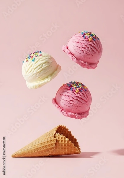 Fototapeta Infographic design of ice cream with colorful sprinkles. Minimal summer background. Food deconstructed food styling concept.