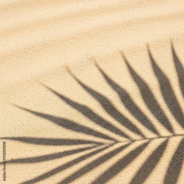 Fototapeta Summer beach day scene with tropical palms shadow on sand background. Minimal sunlight tropical flat lay arrangement.