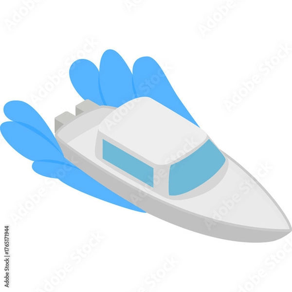 Fototapeta White Speedboat Cutting Through Blue Water Creating Splashes In Isometric Style And Transparent Background
