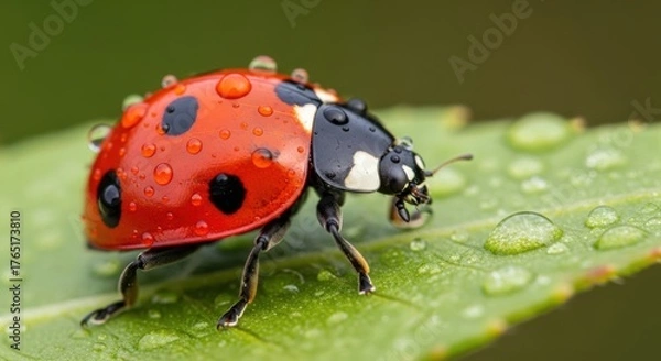 Obraz Detailed Close-Up of a Ladybug on a Leaf Covered in Water Droplets